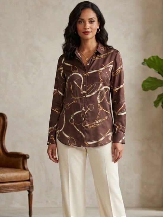 Talbots Tops - Talbots 100% Silk Charmeuse Blouse Brown Gold Equestrian Chain Bit Print Sz 16